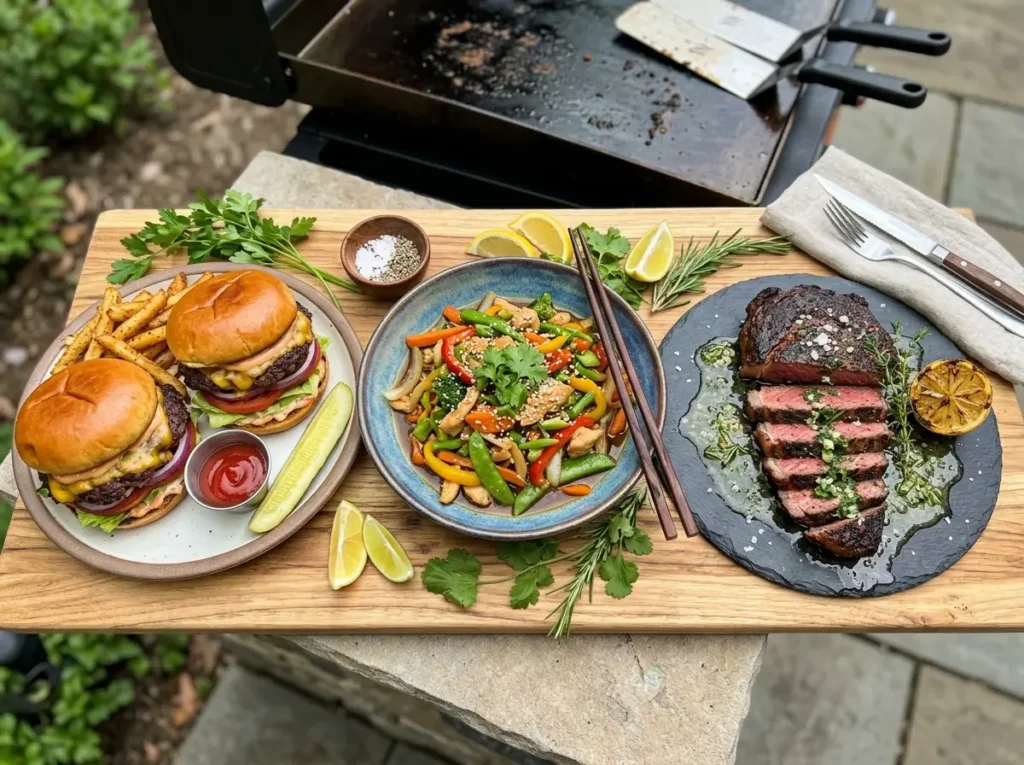 Blackstone grill recipe spread with smash burgers stir fry and blackened steak plated