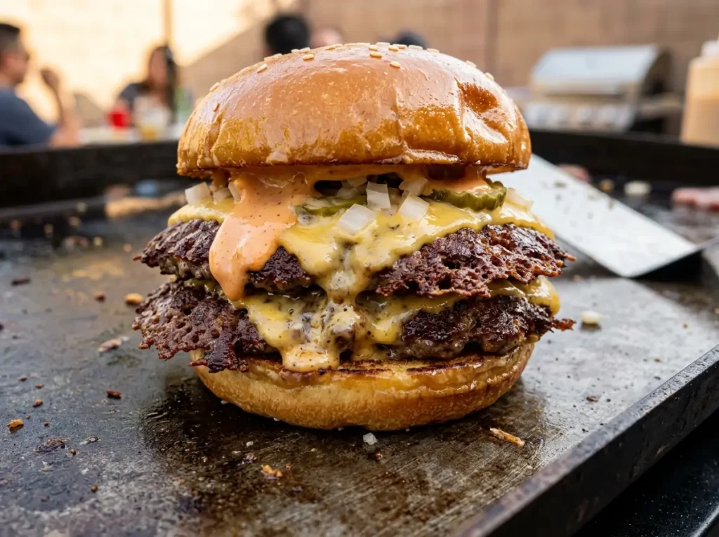 Blackstone smash burger with crispy lacy edges and melted cheese on brioche bun