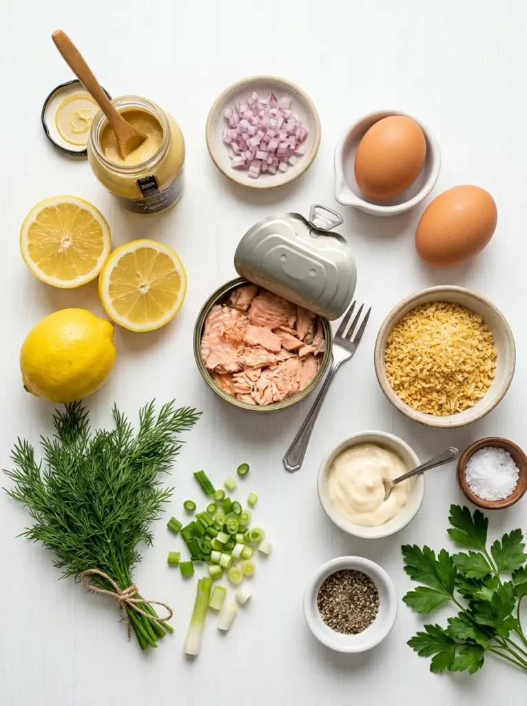 Canned salmon recipe ingredients flat lay with canned salmon egg panko dijon dill and lemon