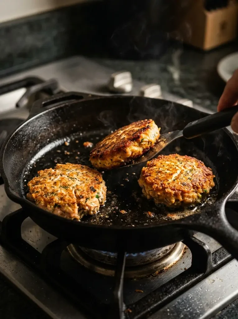 Canned salmon recipe patties cooking in cast iron skillet golden crust forming closeup