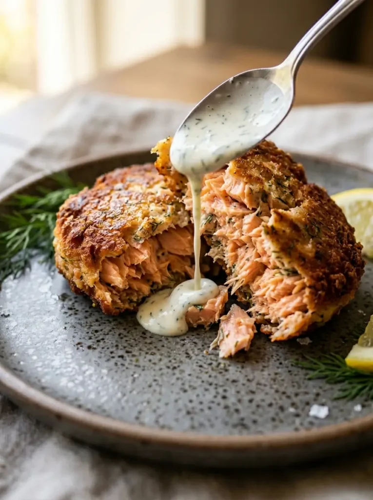 Canned salmon recipe patty broken open showing flaky tender inside texture with dill sauce