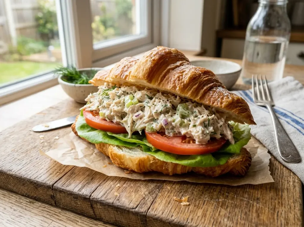Homemade chicken salad sandwich on croissant with lettuce and tomato
