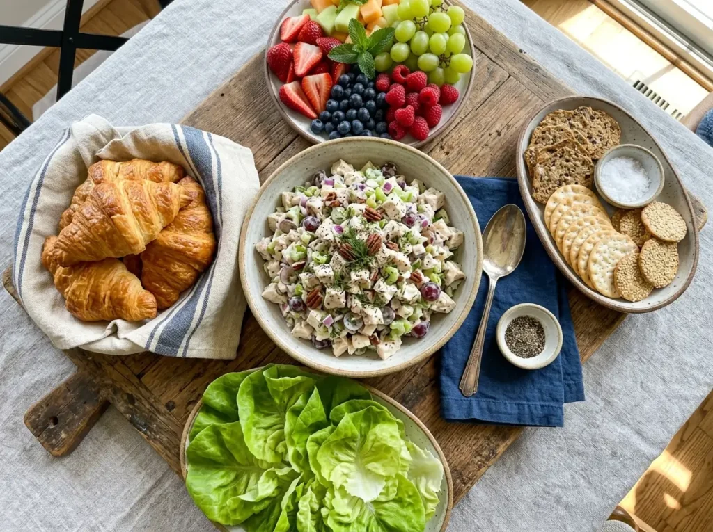 Chicken salad recipe serving spread with croissants crackers lettuce wraps and fruit