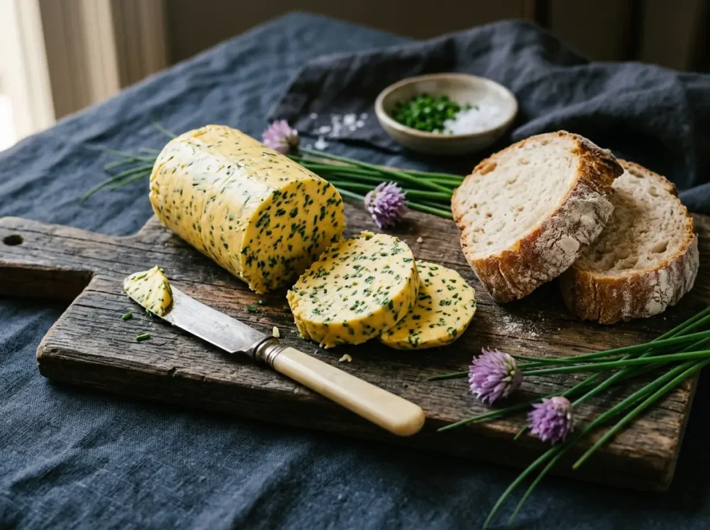 Chives recipe compound butter on wooden board with rustic bread slices and fresh herb garnish