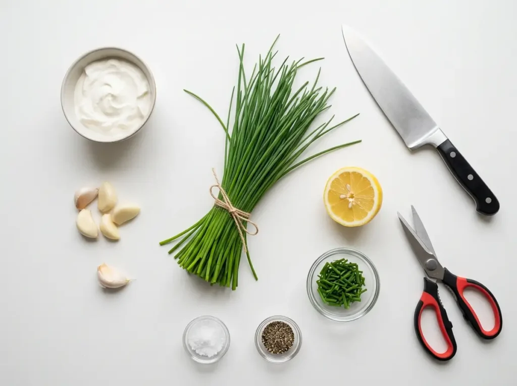 Chives recipe ingredients laid out flat with fresh chive bunch knife and mixing bowl on white surface