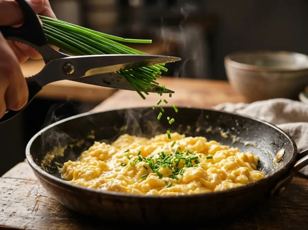 Fresh chives being snipped with kitchen scissors over scrambled eggs in skillet closeup