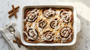 Cinnamon roll cake in white baking dish with cream cheese glaze drizzled over warm cake overhead