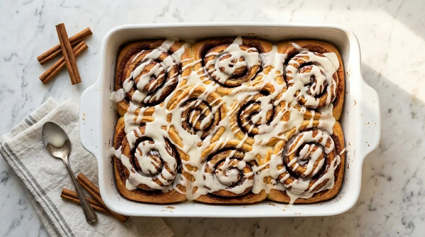 Cinnamon roll cake in white baking dish with cream cheese glaze drizzled over warm cake overhead