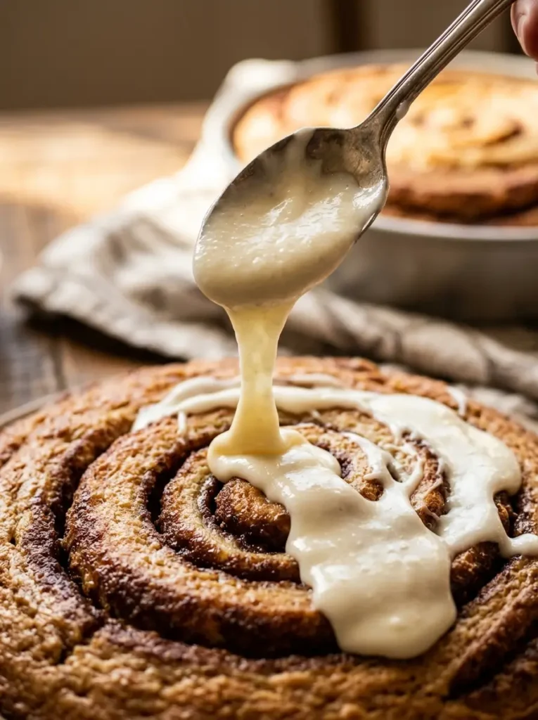 Cinnamon roll cake cream cheese glaze being drizzled from spoon over warm cake closeup