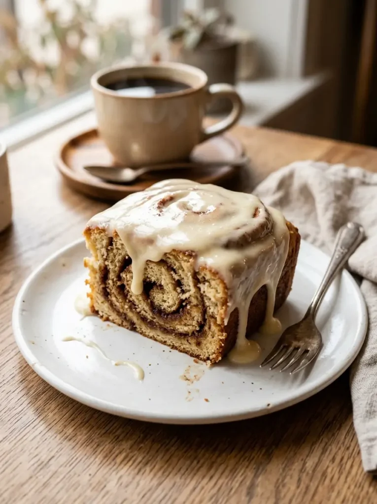 Cinnamon roll cake slice on white plate showing cinnamon swirl interior with glaze dripping