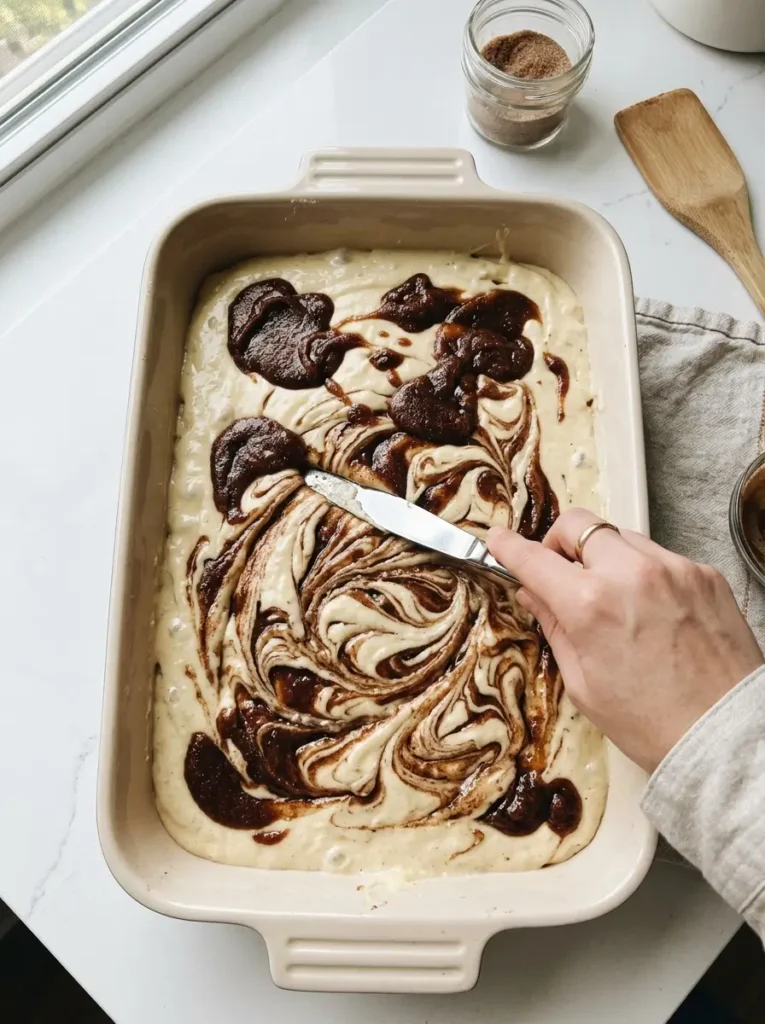 Cinnamon roll cake cinnamon butter topping being swirled into batter with knife before baking