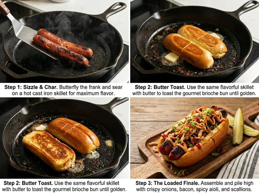 Step by step gourmet hotdog cooking process from raw frank to plated loaded dog