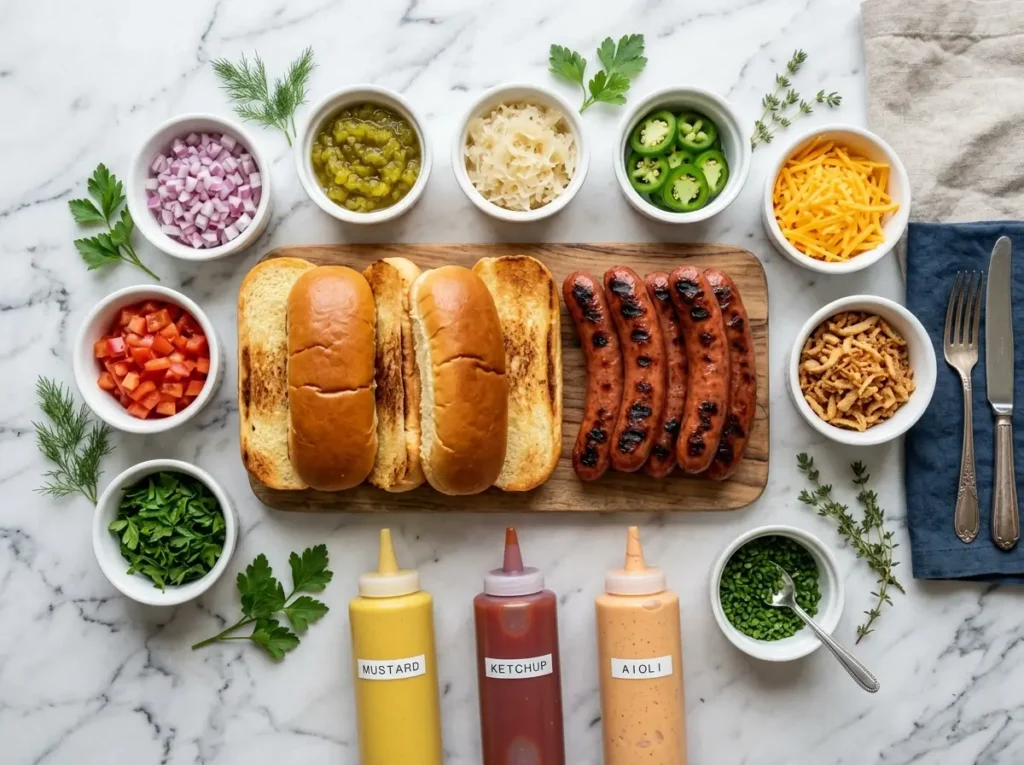 Gourmet hotdog ingredients laid out with brioche buns toppings and sauces