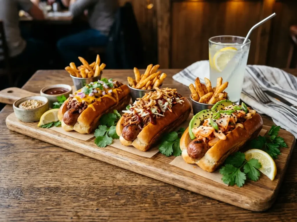 Three gourmet hotdog variations plated with sides serving suggestion