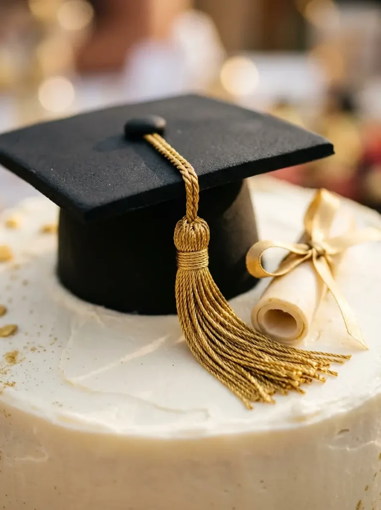 Graduation cake fondant cap topper with gold tassel and diploma decoration closeup