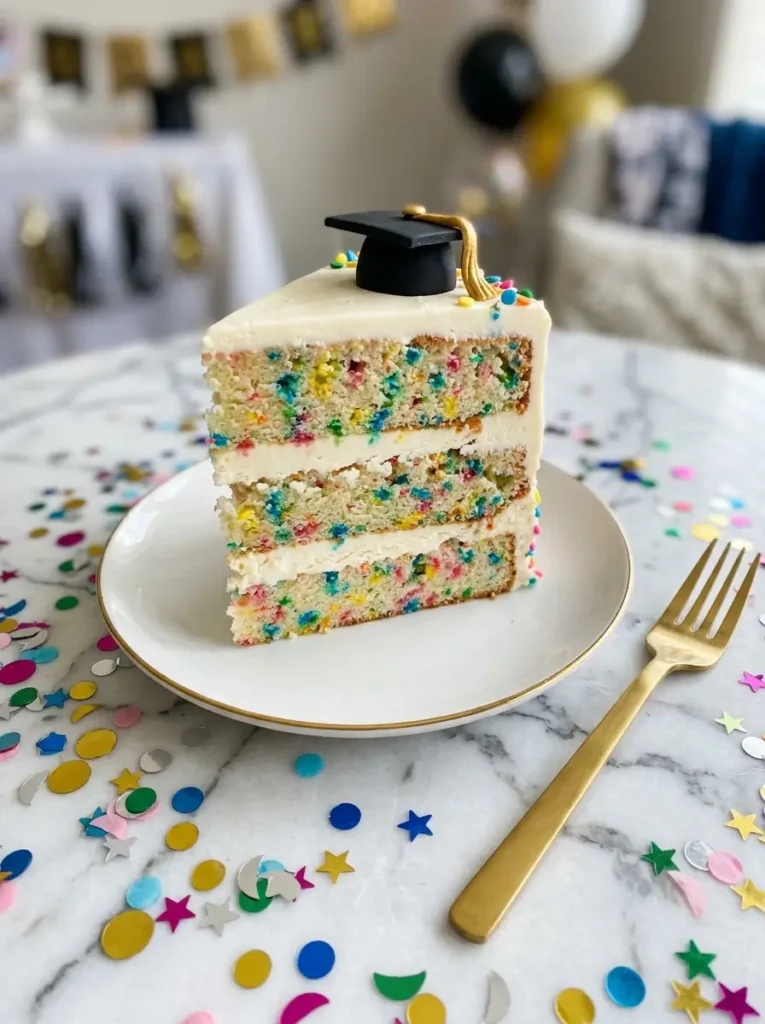 Graduation cake slice showing funfetti interior layers with buttercream frosting on white plate