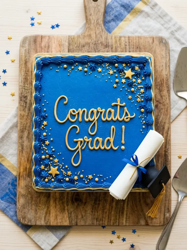 Graduation cake sheet cake with congrats grad buttercream message blue and gold school colors