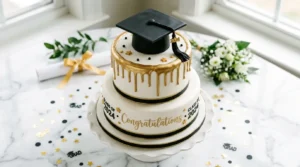 Graduation cake two tier white cake with black fondant graduation cap gold drip school colors on white cake stand