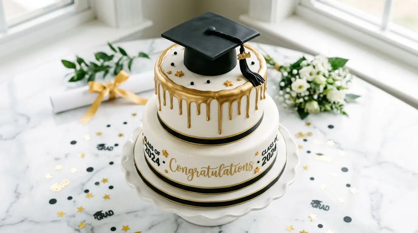 Graduation cake two tier white cake with black fondant graduation cap gold drip school colors on white cake stand