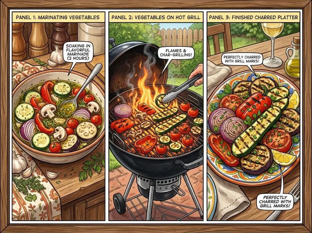 Step by step grilled vegetables on the grill process before and after