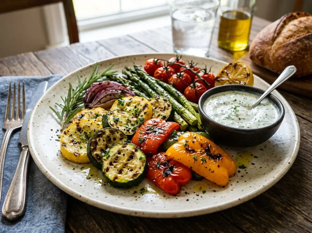 Grilled vegetables plated with garlic herb dipping sauce serving suggestion