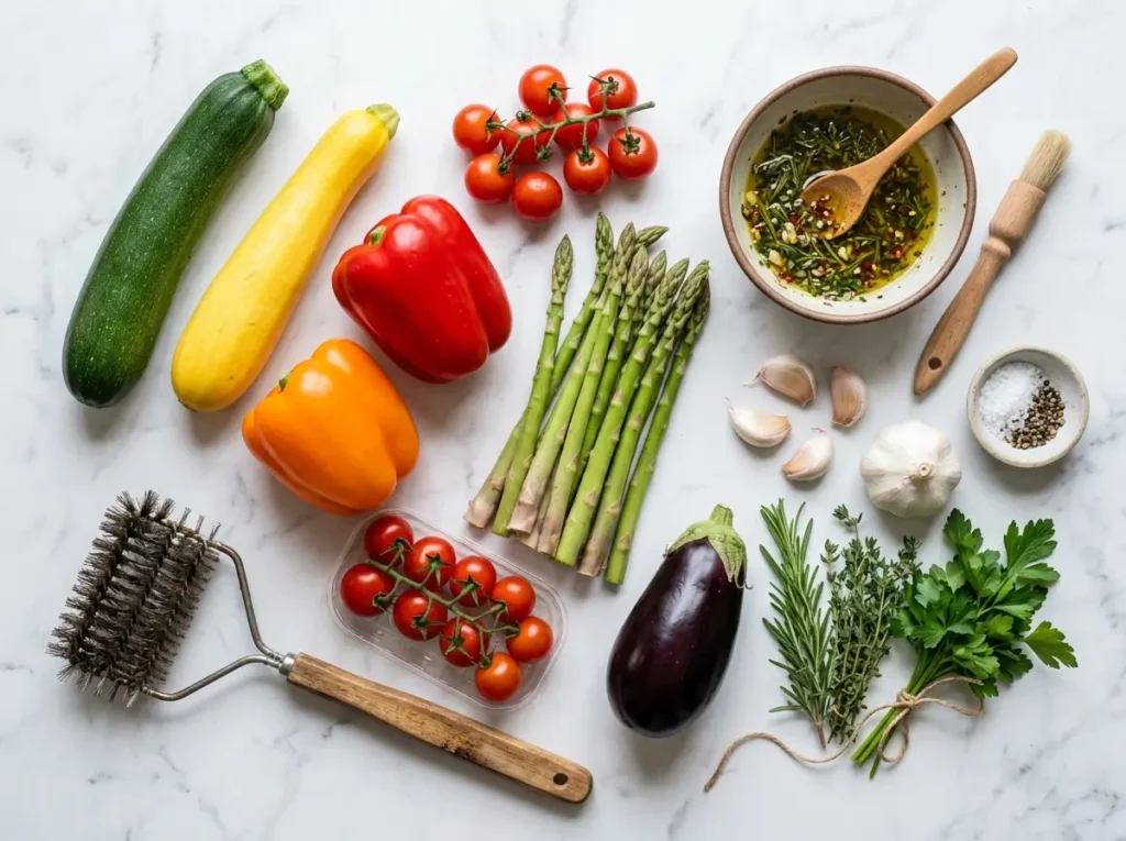 Best vegetables for grilling laid out raw with olive oil and garlic herb marinade
