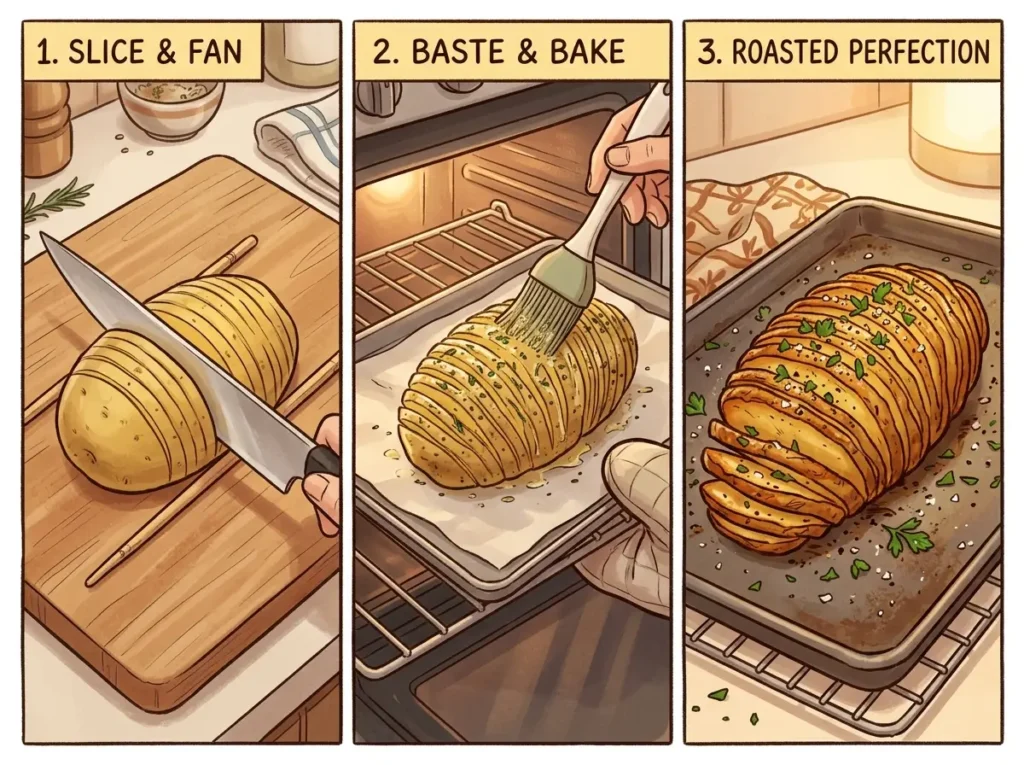 Step by step Hasselback potato process from raw to golden roasted
