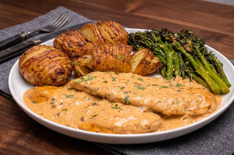 Hasselback Potatoes with Creamy Cajun Chicken and Air-Fried Broccolini