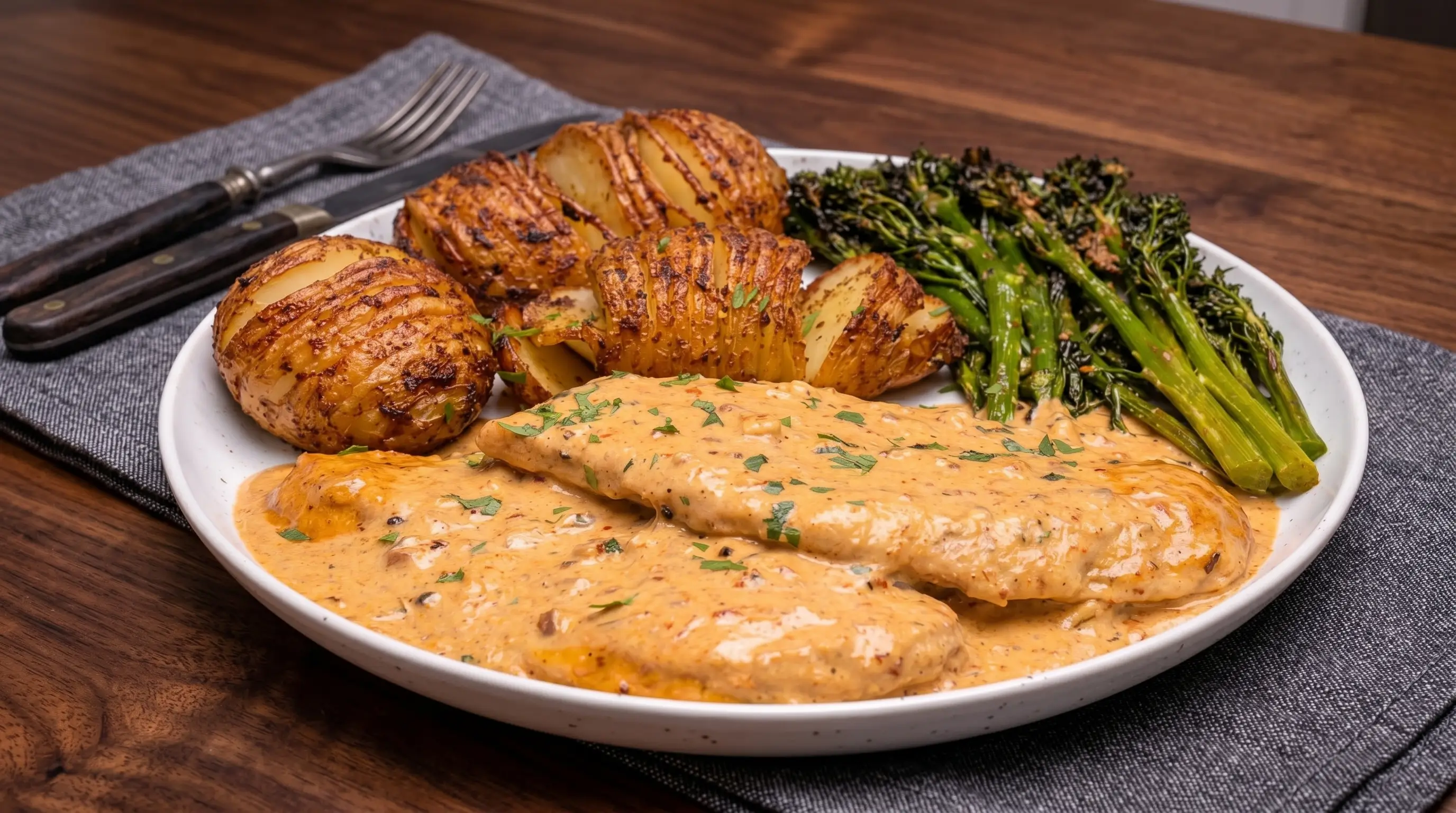 How to Make Hasselback Potatoes with Creamy Cajun Chicken and Air-Fried Broccolini (Best Easy Healthy Comfort Meal 2026)