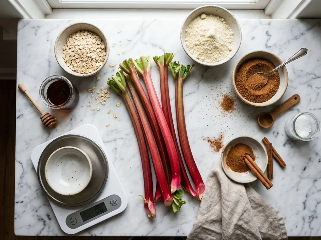 Healthy rhubarb recipe ingredients with fresh rhubarb stalks oats and coconut sugar