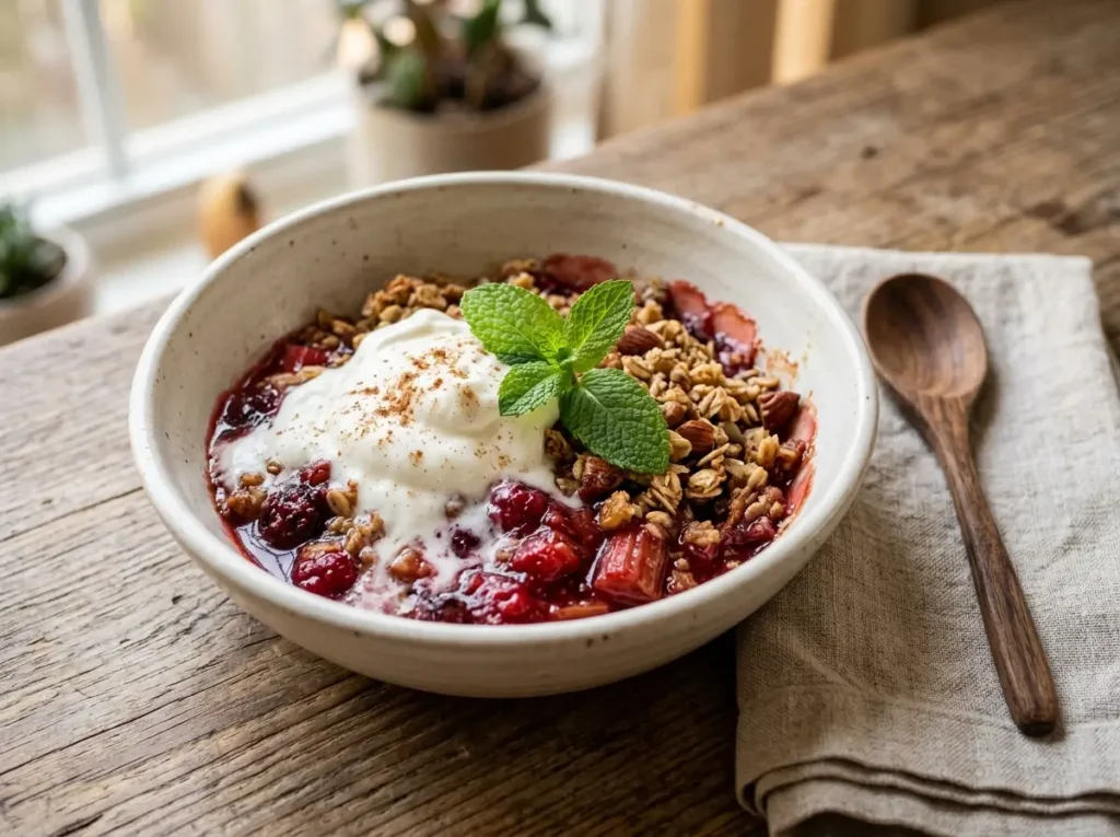 Healthy rhubarb crisp served with Greek yogurt and fresh mint garnish