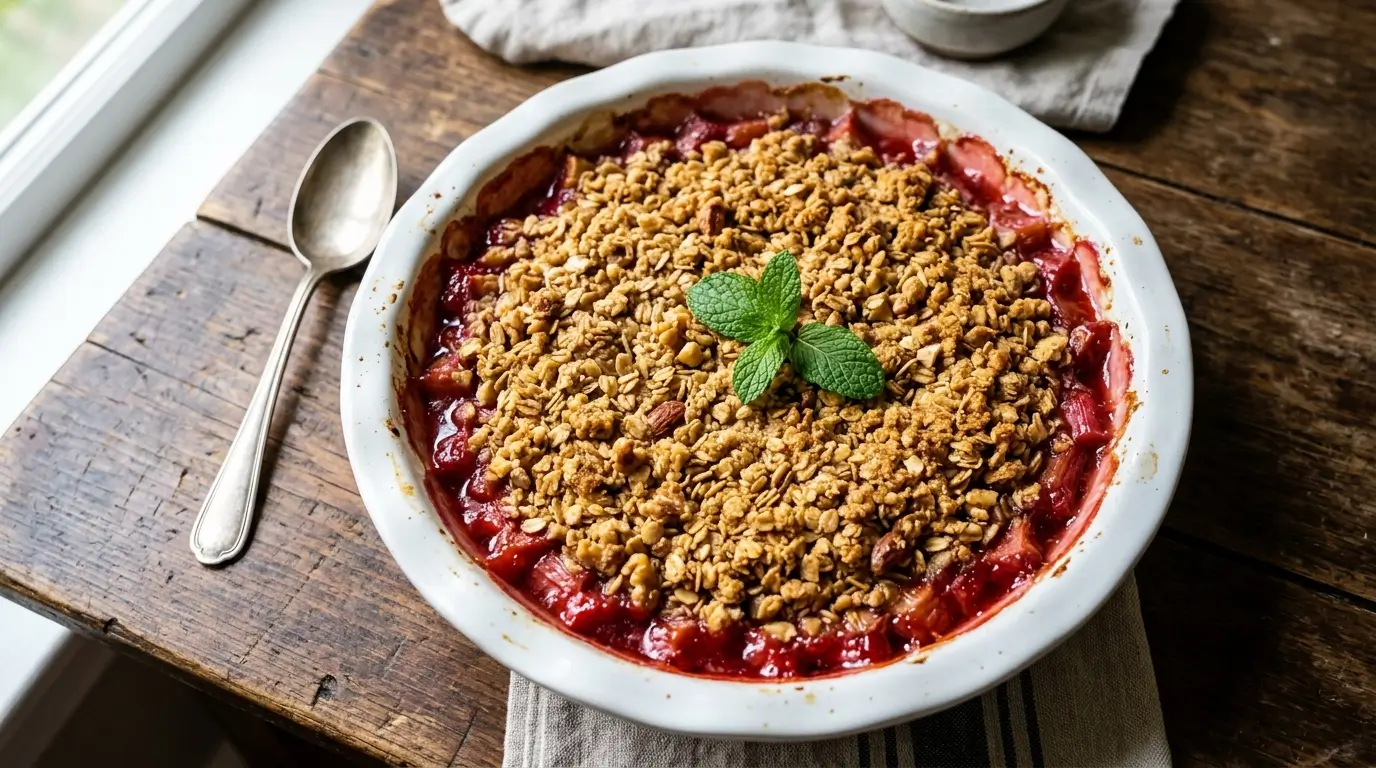 Healthy rhubarb crisp in a white baking dish with golden oat streusel topping