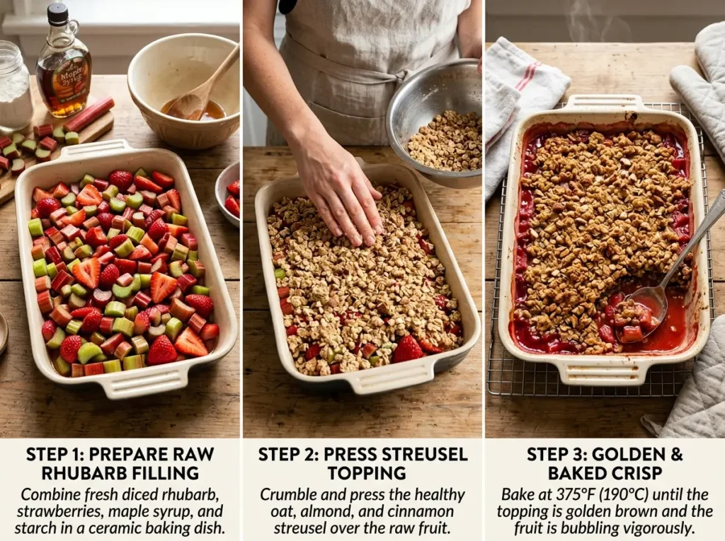 Step by step healthy rhubarb crisp process from raw filling to golden baked topping