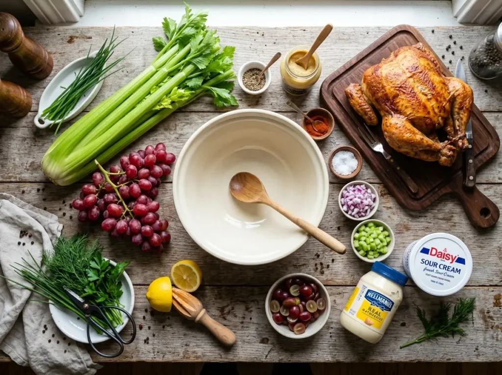 Chicken salad recipe ingredients flat lay with rotisserie chicken celery grapes and mayo