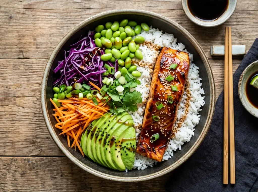 Honey glazed salmon bowl with rice edamame avocado and purple cabbage