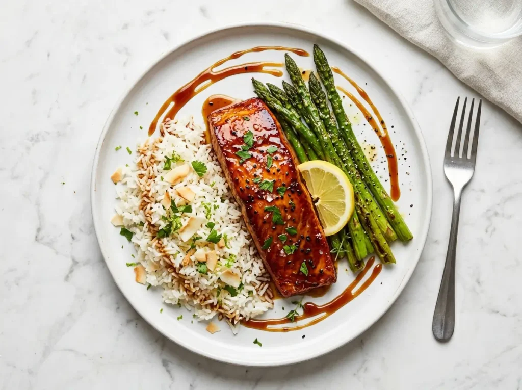 Honey glazed salmon plated with coconut rice asparagus and honey garlic glaze