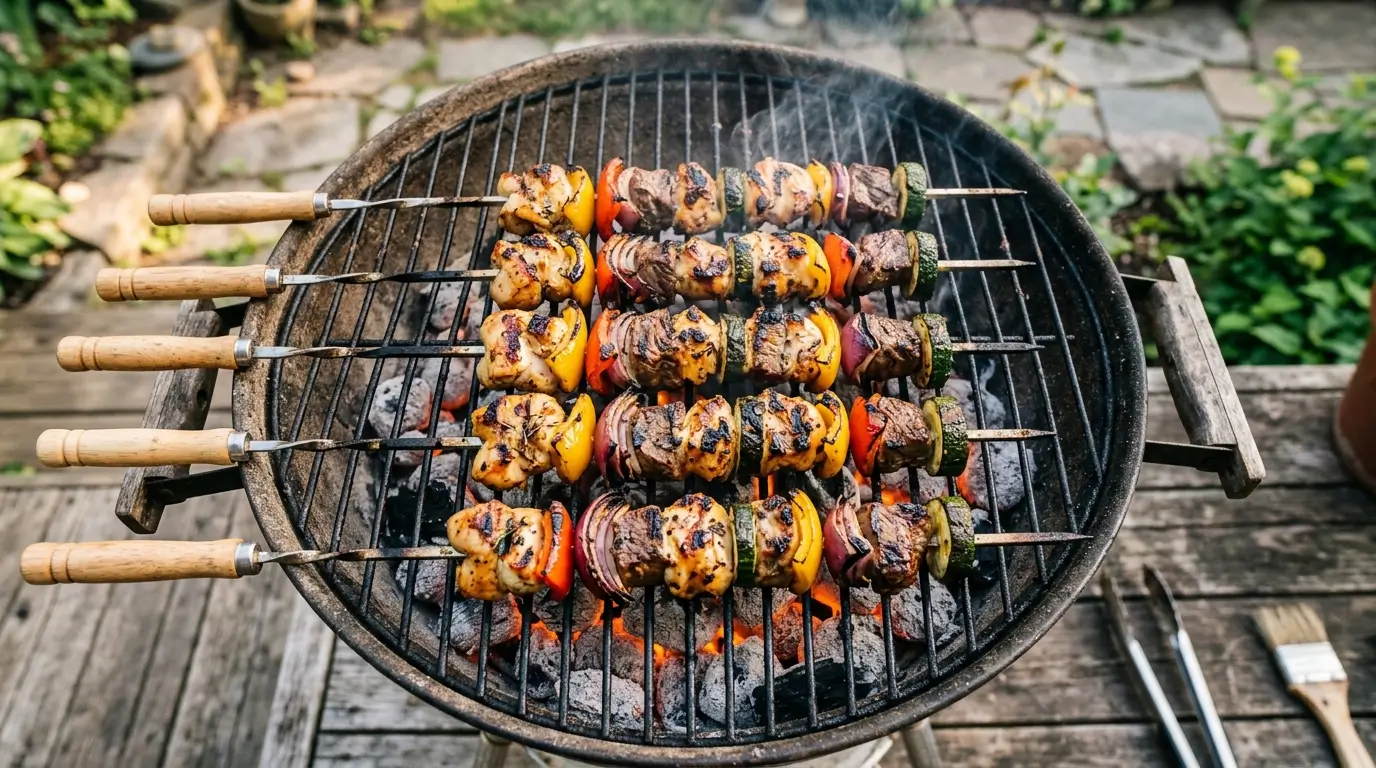 Kabobs on the grill with chicken beef and colorful vegetables charred to perfection