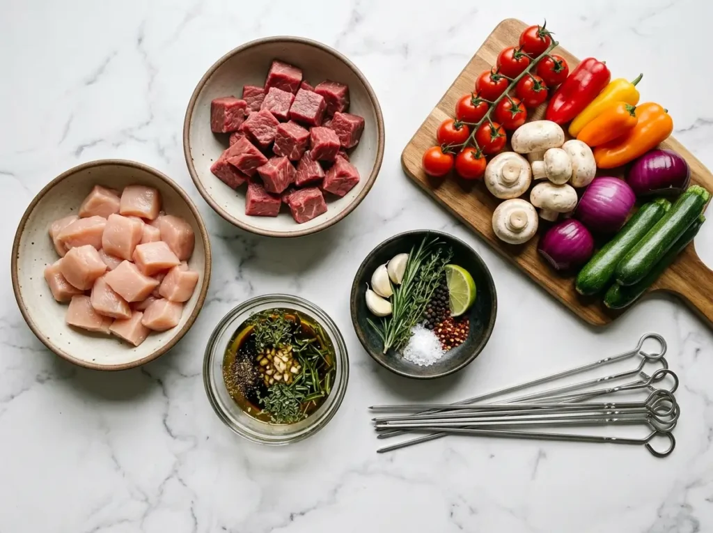 Kabob ingredients laid out with raw chicken beef and vegetables before grilling