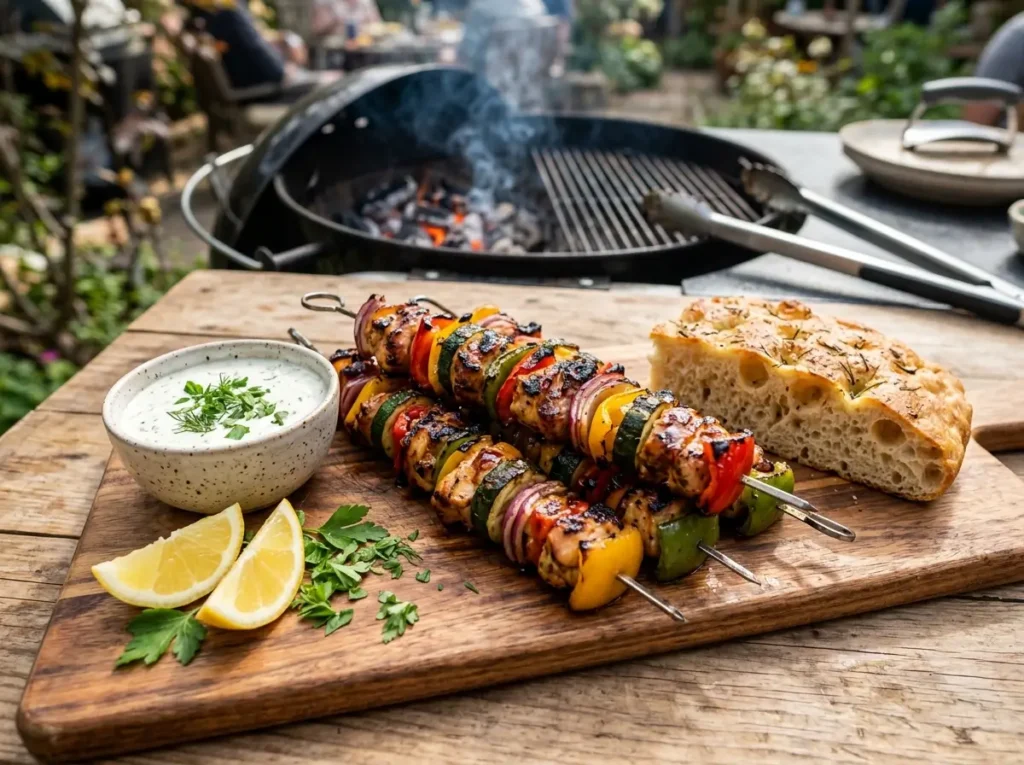 Grilled kabobs on the grill plated with side dishes and dipping sauce