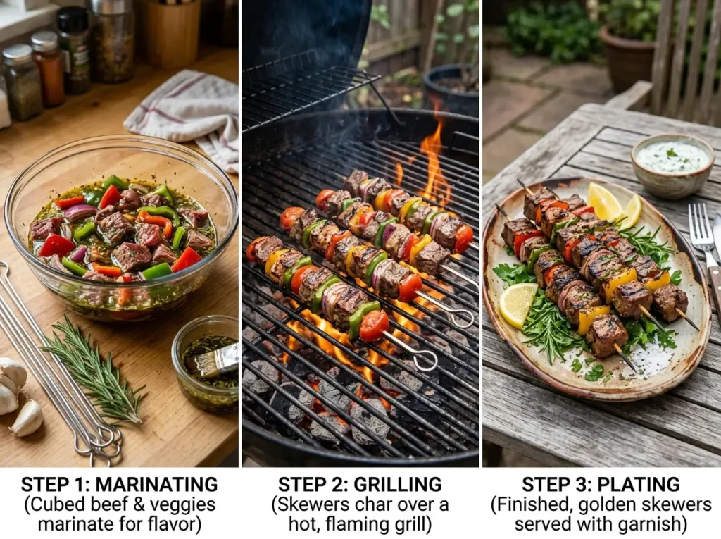 Step by step kabobs on the grill process from marinating to plated skewers