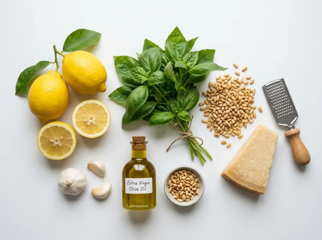 Lemon pesto recipe ingredients flat lay with fresh lemons pine nuts basil parmesan and olive oil