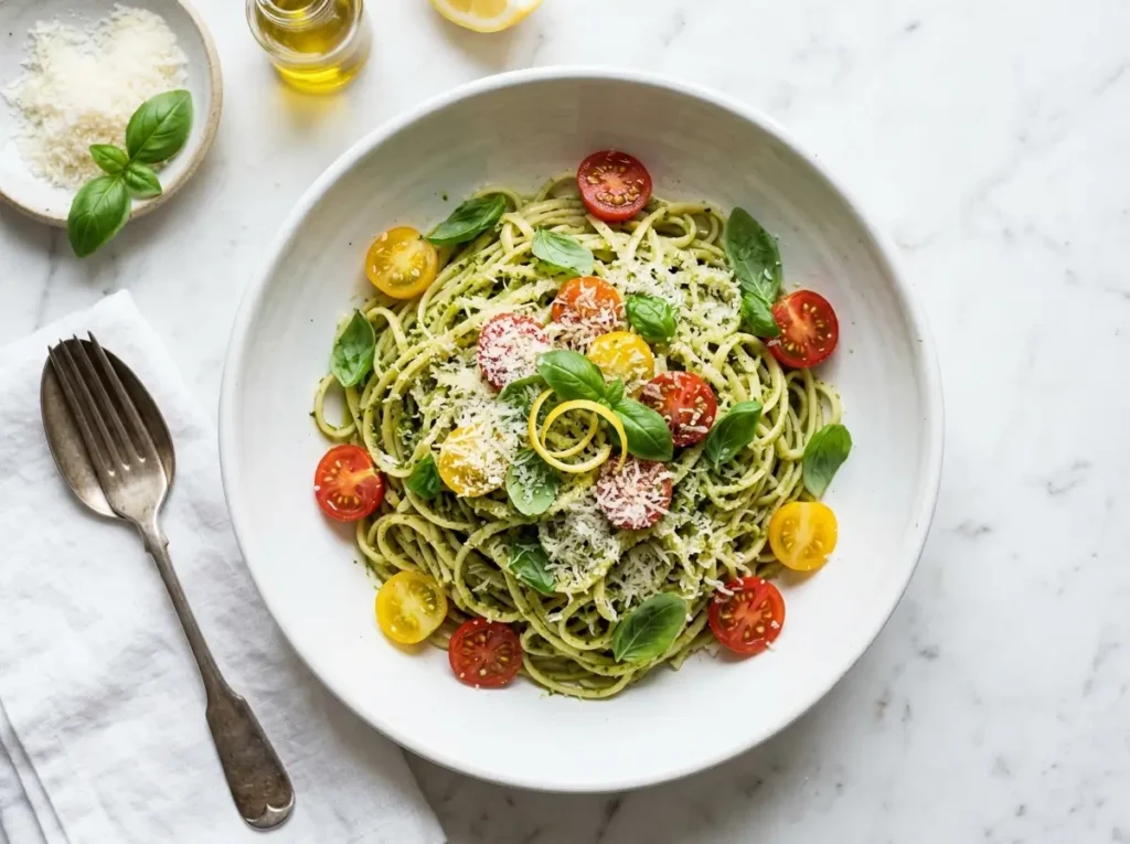 Lemon pesto pasta in white bowl with cherry tomatoes fresh basil and grated parmesan overhead