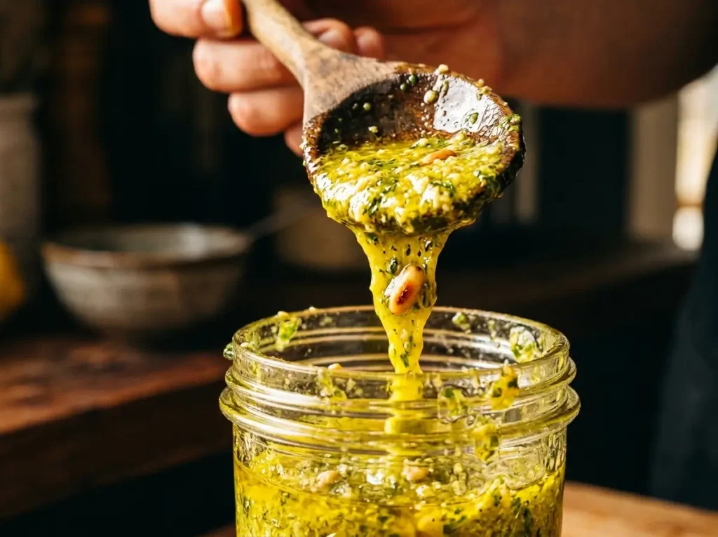 Lemon pesto being drizzled from spoon into glass jar showing glossy texture closeup