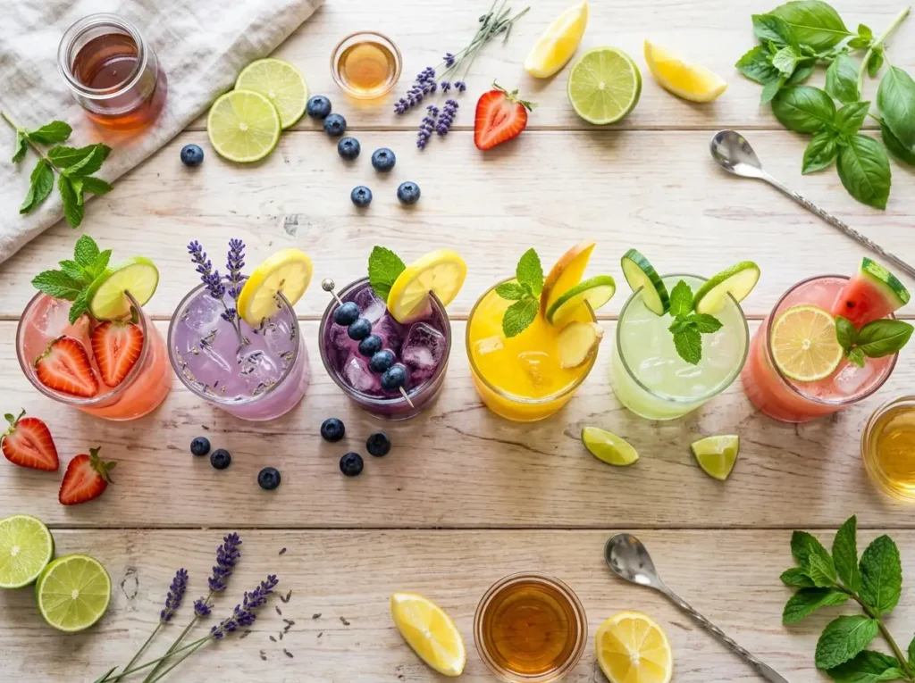 Six lemonade bar recipe variations in glasses with colorful garnishes and syrups