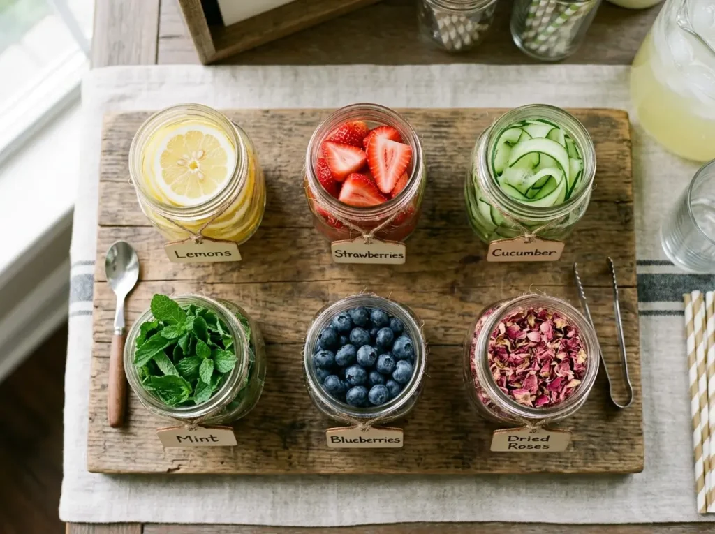 Lemonade bar garnish station with fresh fruit herbs and lemon slices in mason jars