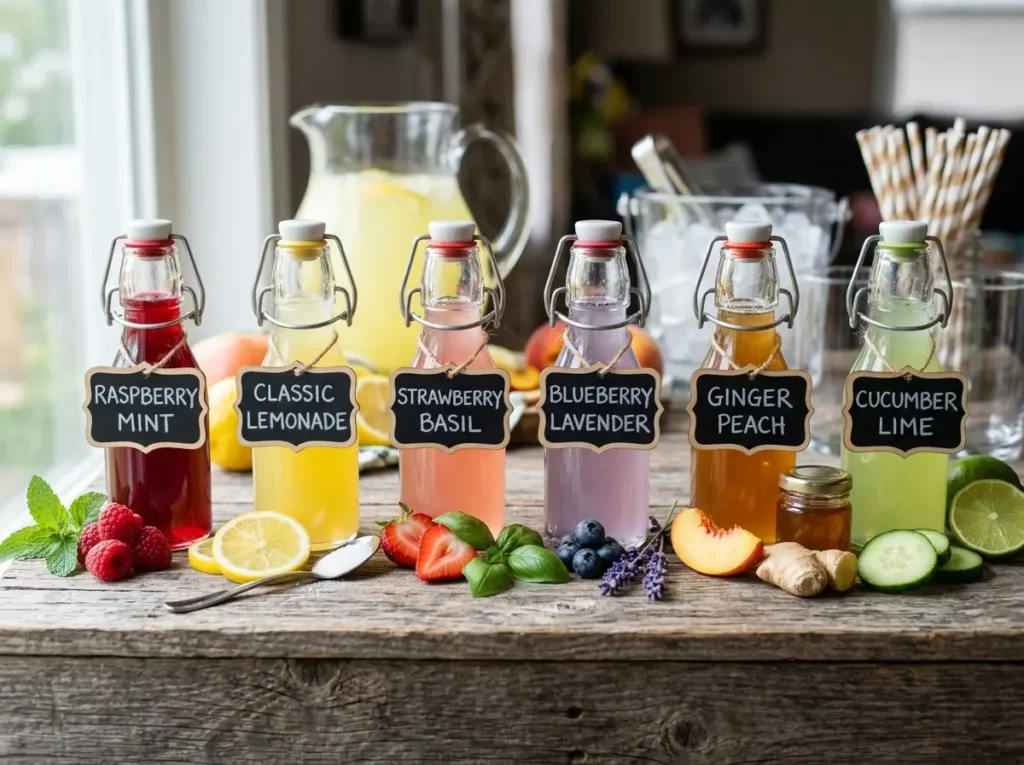 Lemonade bar syrup bottles with chalkboard labels and colorful homemade syrups