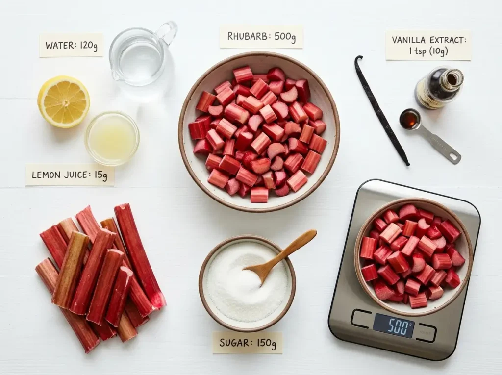 Rhubarb sauce recipe ingredients laid out flat with gram measurements visible on white background