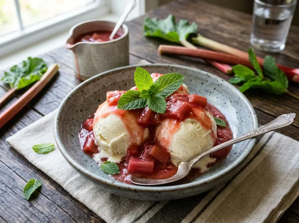 Rhubarb sauce recipe served over vanilla ice cream with fresh mint garnish and rhubarb stalks