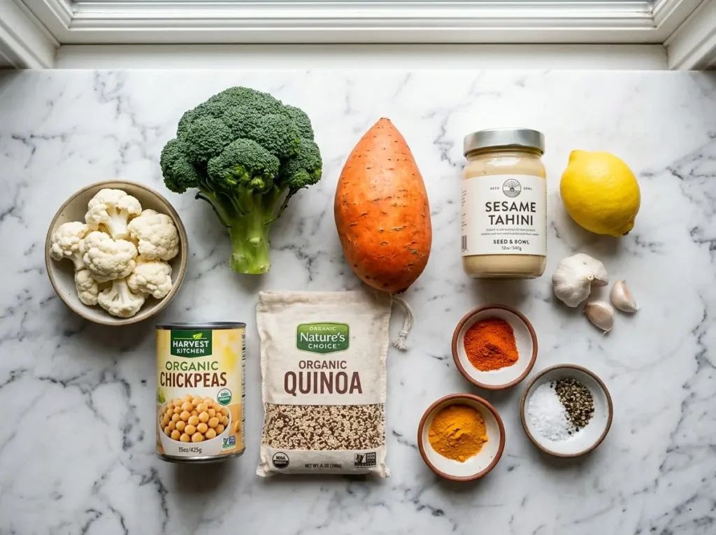 Roasted veggie bowl ingredients with fresh vegetables chickpeas quinoa and tahini