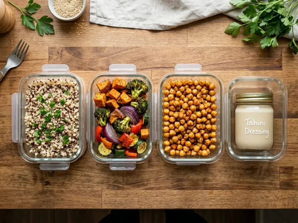 Roasted veggie bowl meal prep containers with components stored separately